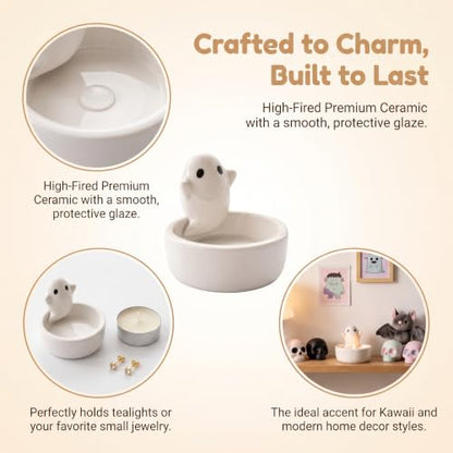 Ceramic Ghost Tealight Candle Holder, Cute Spooky Room Decor for Desk and Nightstand, Kawaii Witchy Aesthetic Small Votive Stand