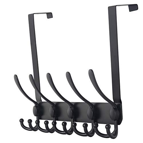 Over The Door Hook Hanger - Fits 1 3/8" to 1 3/4" Standard Doors | 5 Tri Hooks Heavy Duty Towel/Coat Rack | Door Organizer for Clothes, Jackets, Hats, Towels, Black - color: Black