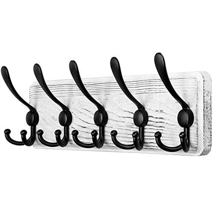 SKOLOO Rustic Wall Mounted Coat Rack: 16" Stud Spacing, Pine Real Wood Plank Wall Coat Rack with 5 Triple Hooks, Farmhouse Coat Hanger Wall Mount for Hanging Backpack Jacket Coat Hat - color: White Plate & Black Hook, size: 1 Item-5 Hooks