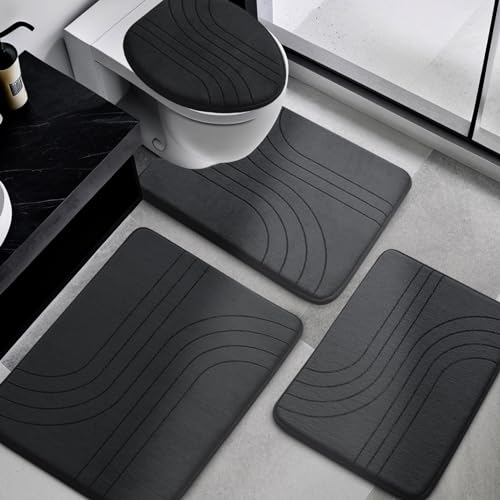 Memory Foam Bathroom Rugs Set 4 Pieces, Soft Non Slip Bathroom Mats Set, Extra Thick Bath Mats for Bath Room, Machine Washable Bath Rugs for Tub, Toilet and Floor (Black) - color: Black-2, size: 4 pieces