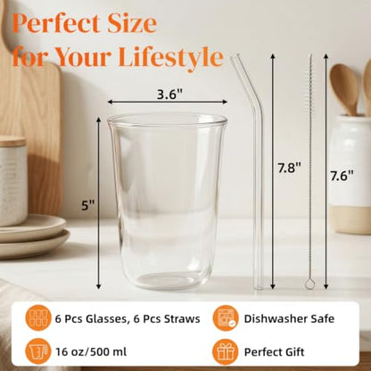 6 Pieces Drinking Glasses with Straw, 16 Oz Clear Water Glass Set | Lead-free Highball Glass Cup Kitchen Glassware for Juice, Beverage, Cocktail, Ice Tea, Coffee, Soda