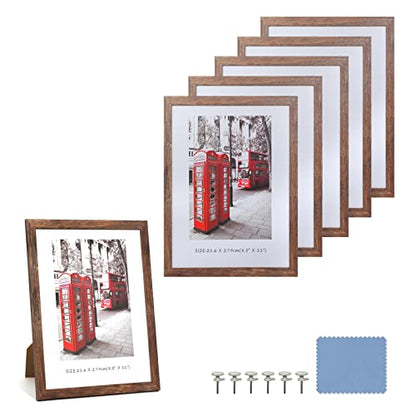 8.5x11 Picture Frame Set of 6, Certificate Document Frame Set with Display Box, Rustic Style Antique Brown Wood Grain Photo Frame Suitable for Desktop Display and Wall Decoration. - size: 8.5 x 11 inches