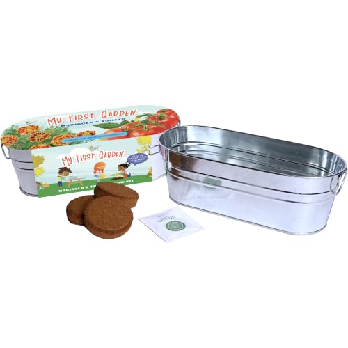 Buzzy Seeds My First Garden Windowsill Grow Kit - Metal Windowsill Planter - Complete Indoor Gardening Kit with Seeds, Coconut Husk Growing Medium & Genuine Pots - 100% Grow Guarantee - color: My First Garden