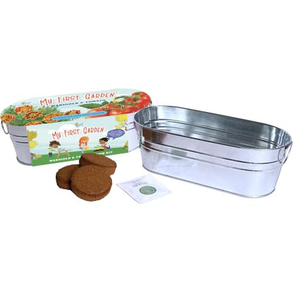 Buzzy Seeds My First Garden Windowsill Grow Kit - Metal Windowsill Planter - Complete Indoor Gardening Kit with Seeds, Coconut Husk Growing Medium & Genuine Pots - 100% Grow Guarantee - color: My First Garden