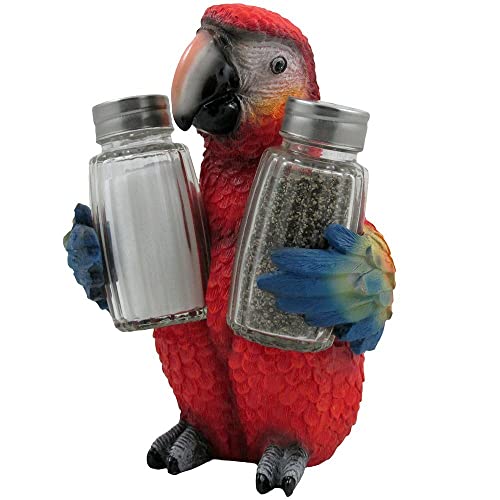 Tropical Parrot Glass Salt and Pepper Shaker Set with Holder Figurine for Beach Bar or Restaurant & Nautical Kitchen Table Decor or Decorative Macaw and Bird Sculpture Spice Rack Gifts