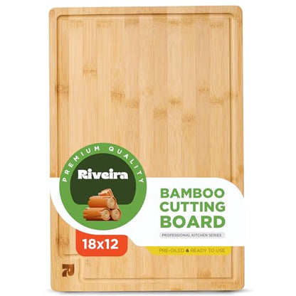 Riveira Bamboo Grandeur: 18 x 12 Bamboo Cutting Board Natural Wooden Cutting Board With Innovative Juice Grooves - size: 18"L x 12"W