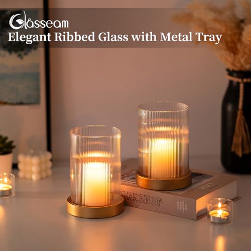 Glasseam Hurricane Glass Candle Holder: Gold Pillar Candle Holders Set of 2 Ribbed Glass Cylinder Covers with Metal Candle Tray Modern Candle Holders for Table Centerpiece Living Room Decorations | 3.94''x5.71'' Ribbed Open-End Sleeve, Fit 4'' Pillar Cand