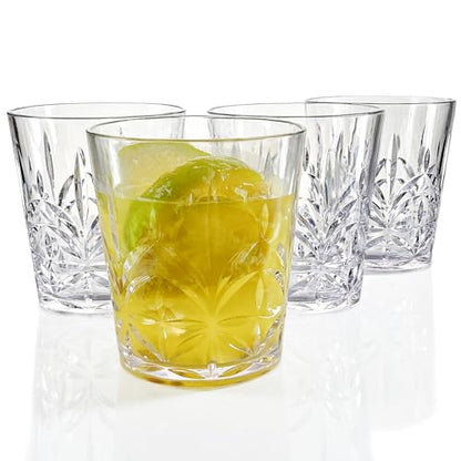 Lily's Home Unbreakable Premium Drinking Glasses Set of 4, Plastic Cups, Reusable Drinkware, Tumblers Water Cups, Shatterproof & Stackable, Indoor & Outdoor, 3.5in×3.9in, 13.5oz. Made in Taiwan. - size: 13.5 Ounces (Crystal)