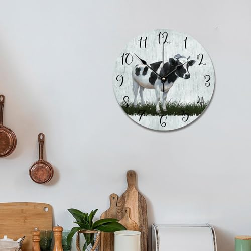 Holstein Cow Wall Clock Milk Cow Clock Kitchen Wall Clock Silent Non-Ticking Wooden Wall Clock Battery Operated Living Room Clock Farmhouse Decor Rustic Home Decor for Office 10 inch