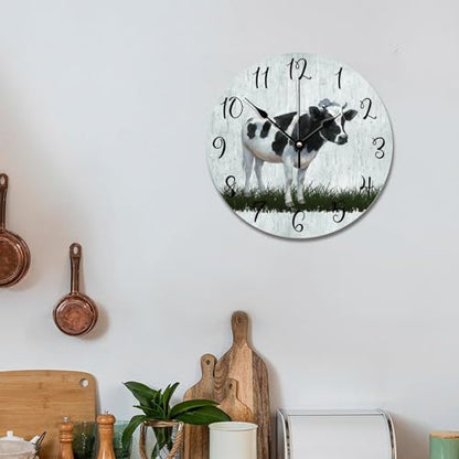 Holstein Cow Wall Clock Milk Cow Clock Kitchen Wall Clock Silent Non-Ticking Wooden Wall Clock Battery Operated Living Room Clock Farmhouse Decor Rustic Home Decor for Office 10 inch