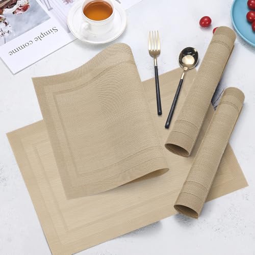 Placemats Set of 6, Heat Resistant Place Mats, Washable PVC Table Mats, Woven Vinyl Placemats, Non-Slip Stain Resistan Plastic Placemats for Table (Beige, 6) - color: Beige