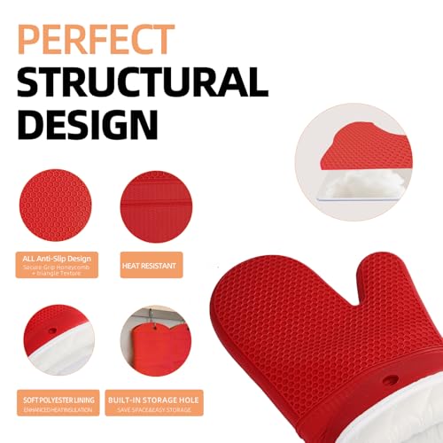 YUTAT Silicone Oven Mitts,Heat Resistant 2PCS Oven Mitts with Soft Polyester Filling,Kitchen Potholder Set - Perfect for BBQ, Baking and Cooking,RED,2 Pcs Set - color: Red-honeycomb Surface, size: 13“L x 7"W-2 Piece