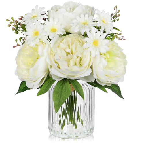 Artificial Flowers in Vase White Silk Peony & Daisy Faux Floral Arrangements for Table Centerpieces, Home Office Kitchen Bathroom Decor, Spring Fake Flower Arrangement - color: White-vase