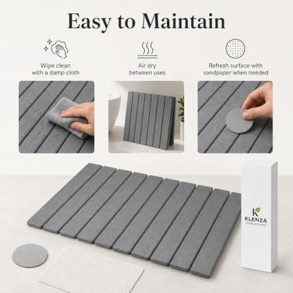 Stone Bath Mat, Quick Dry Foldable Diatomaceous Earth, 24 x 16, Grey | 23.6 x 15.3 in grey stone bath mat with foldable design, anti-slip pad and included sandpaper.