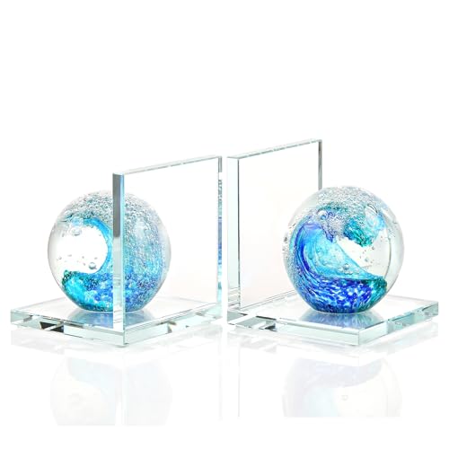 Glass Book Ends with Deep Ocean Blue Crystal Sea Wave Ball, Set of 2 | Non Skid Book Ends for Shelves, Cool, Crystal, Nautical, Ocean, Heavy, Coastal Bookends, Decorative Bookends - color: Dark Blue+green