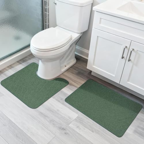Bosap Bathroom Rugs Set 2 Pieces,Thin Bathroom Mats,Toilet Rugs,Quick Dry,Non-Slip,Machine Washable,Low Pile,Absorbent Bath Mats,Shower,Sink,Home Decor Accessories.Green,1'5"x2'3"+1'8"x2" U Shape - color: Green, size: 1'8"x2"u+1'5"x2'3"(set)