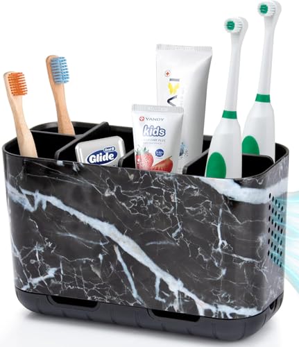 Boperzi Black Toothbrush Holder for Bathroom Toothpaste Organizer Countertop, Detachable Anti-Slip Marble Toothpaste Storage Caddy 6 Slots with Drainage Holes for Makeup Brush Razor Stand - color: Black Marble Color