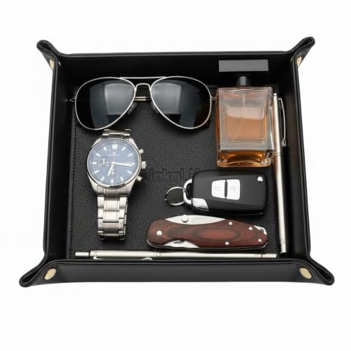 Valet Tray for Men,Nightstand Organizer for Wallet Watch Phone | valet tray for watches, wallet, keys, glasses and EDC gear on desks, dressers and nightstands. - color: Black