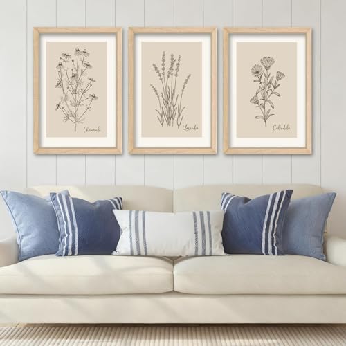 Vintage Botanical Prints Wall Art 11x16–3 Piece Rustic Frame Bathroom Decor | Minimalist Rustic Wildflower Pictures Floral Sign Bedroom Wall Hanging - color: Vintage Botanical (Wood), size: 16"L x 11"W
