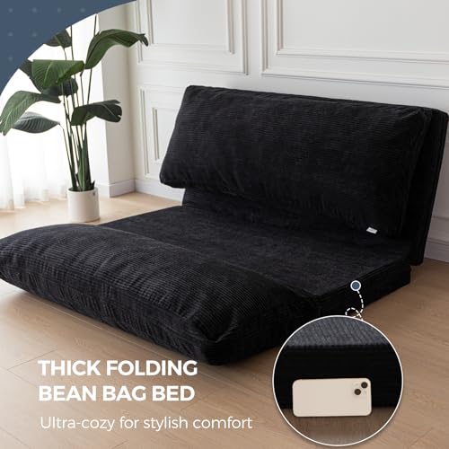 MAXYOYO Folding Sofa Bed, Extra Thick and Long Floor Sofa Convertible Chair with Washable Cover, Floor Couch Lounge Bean Bag Bed for Living Room, Black, 39x91 Inch | Extra Thick with Washable Cover, Chaise Lounge, Bean Bag Couch Bed for Bedroom Living Roo