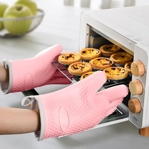 1 Pair Oven Mitts, Heat Resistant Protective Oven Gloves, Cotton Lined Silicone Kitchen Mitts Pair, Nonslip Silicone Cooking Gloves with Fingers (Pink) - color: Pink