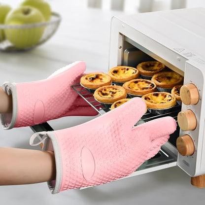 1 Pair Oven Mitts, Heat Resistant Protective Oven Gloves, Cotton Lined Silicone Kitchen Mitts Pair, Nonslip Silicone Cooking Gloves with Fingers (Pink) - color: Pink