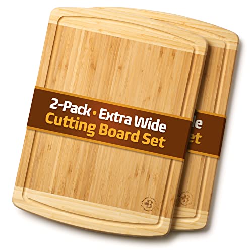 Bamboo Cutting Boards for Kitchen Set of 2 - Large Bamboo Cutting Board 18 x 13 Inch, Non Toxic Wooden Cutting Board with Juice Groove + Handle, Reversible Butcher Block Chopping Boards by Bambusi - size: 2-Piece (Two-Tone)