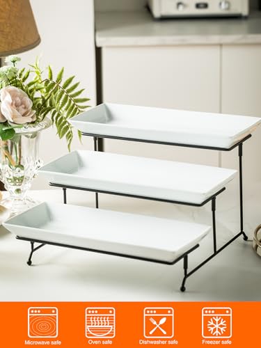 YHOSSEUN 3 Tier Serving Stand Tiered Tray Stand with 3 Porcelain Serving Platters Trays for Dessert Server Display Collapsible Sturdier Metal Rack 14 inch | Tiered Tray Stand with 3 Porcelain Serving Platters Trays for Dessert Server Display Collapsible S