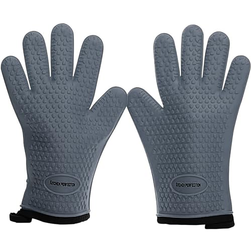 KITCHEN PERFECTION Silicone Smoker BBQ Gloves - Heat Resistant Oven Mitts | Made For Women, Waterproof, 5-Finger Design For A Better Grip, For Meat Smoking, Grilling, Cooking, Frying Turkey, Grill Gift - color: Light Gray, size: One Size Fits Most