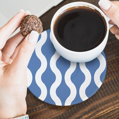 Pink Blue Geometric Ceramic Coasters with Holder Set of 6 | Modern Abstract Art Absorbent Drink Cup Mat for Coffee Table Protection, 4'' Minimalist Home Kitchen Decor Housewarming Gifts