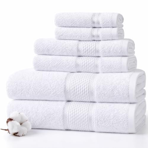 SKY BEDDINGS 100% Cotton Luxury Bath Towel Set - 6 Pieces - 2 Bath Towels, 2 Hand Towels, 2 Washcloths - Ring Spun - Super Soft & Highly Absorbent Towels for Bathroom, Hotel & Spa - White - color: White, size: 6 Piece Towel Set