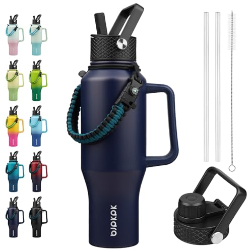 BJPKPK 35oz Insulated Water Bottle with Handle & Straw Lid, Stainless Steel | Vacuum Insulated with Straw Lid & Spout Lid, Paracord Strap, Keep Cold & Hot, Leak-Proof, BPA-Free, for Gym, Hiking, Travel - color: Navy Blue, style: 35oz-Side Handle