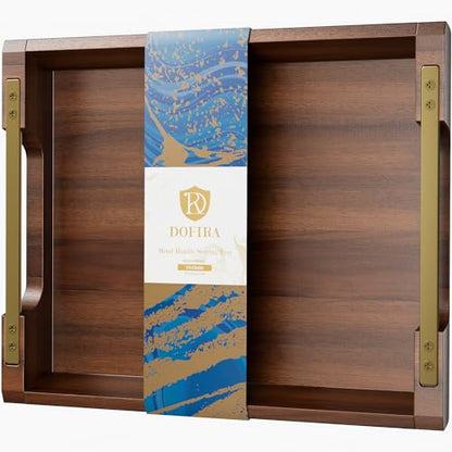 Acacia Wood Serving Tray with Metal Handles, 17x13in Large Ottoman Tray, Food Drinks Tray for Coffee Table, Breakfast, Dinner & Bar, Rustic Decorative Tray for Kitchen, Bedroom Gift Box | Perfect for Breakfast, Drinks, Decor, Appetizers and Snacks, Ideal