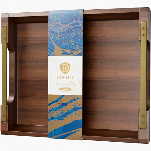 Acacia Wood Serving Tray with Metal Handles, 17x13in Large Ottoman Tray, Food Drinks Tray for Coffee Table, Breakfast, Dinner & Bar, Rustic Decorative Tray for Kitchen, Bedroom Gift Box | Perfect for Breakfast, Drinks, Decor, Appetizers and Snacks, Ideal