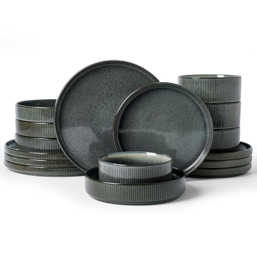 Famiware Star Stoneware Dinnerware Sets with Pasta Bowls, 16pc Dishes for 4 | Ceramic Plates and Double Bowls. Chip & Scratch Resistant. Microwave & Dishwasher Safe, Everyday & Formal Dining, Deep Forest - color: Deep Forest, size: Service for 4 - Double