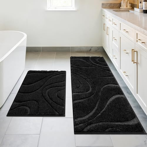 HEBE Bathroom Rugs Sets 2 Piece, Non Slip Washable Absorbent Bath Mat Set | Super Soft Plush Microfiber Bathroom Mats with Runner Set, Solid Bathmat for Floor, Bath Rug for Tub, Shower, Vanity - color: Black, size: 20"x32"+20"x48"