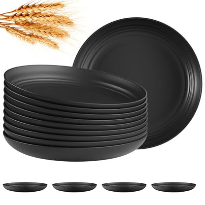 Quatish 10 PCS Reusable Plastic Plates,8 inch Dinner Plate,Plate set，Black | Unbreakable,Dishwasher & Microwave Safe, Easy-to-Clean,Lightweight,Portable,for Camping Salad, Kitchen & Picnics,Wheat Straw - color: Black