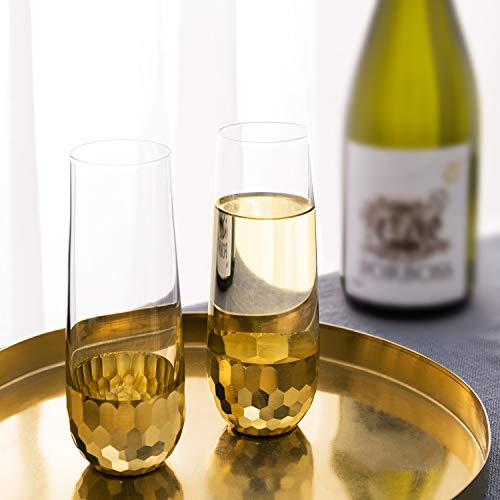 MyGift Modern Stemless Champagne Flute Glass Set of 4 Party Drinkware, Cocktails Prosecco Mimosa Glasses with Hammered Brass Plated Bottoms - color: Brass