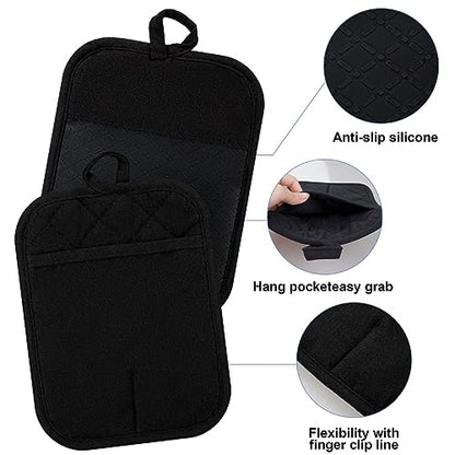 Oven Mitts and Pot Holders with Cooking Apron Set of 5, Heat Resistant Kitchen Gloves and Silicone Non-Slip Potholders, Adjustable Neck Buckle Chef Apron, Cotton Nice Design for Cooking (Black)… - color: Black