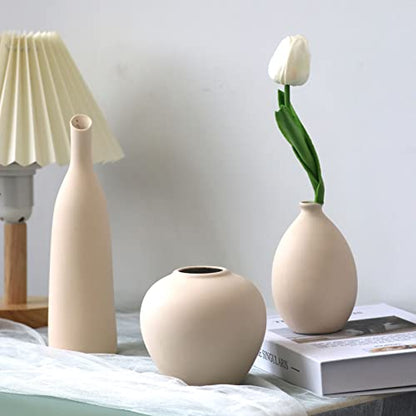 Ceramic Vase Set of 3, Minimalist Flower Vase for Rustic, Modern Farmhouse, Living Room, Shelf, Table, Bookshelf, Mantel and Entryway Decor - Beige
