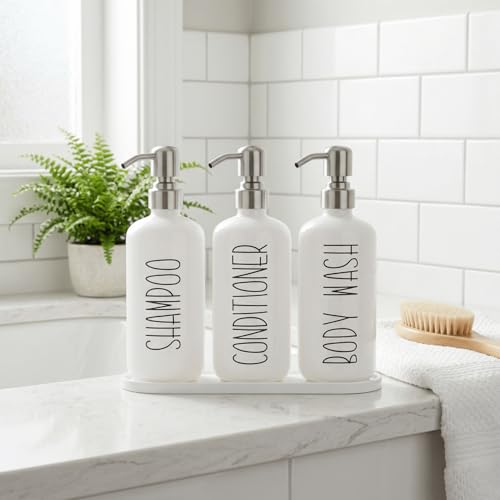 MOMEEMO Refillable Shampoo and Conditioner Bottles with Tray, White | Shower Shampoo Dispenser for Shower, Body Wash Dispenser for Shower, Shampoo Conditioner Dispenser with Stainless Steel Pumps - color: White Silver