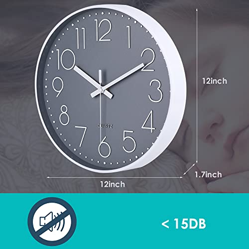 Wall Clock 12 Inch Non-Ticking Silent Battery Operated Round Wall Clock Modern Elegant Simple Style Clock for Home Office Kitchen Bedroom Living Room - color: Gray, size: 12 Inch