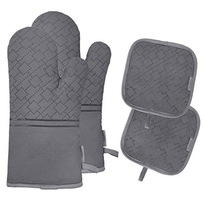 4Pcs Oven Mitts and Pot Holders Set, 572F Heat Resistant Oven Glove, Soft Cotton Lining with Non-Slip Surface for Kitchen Baking BBQ (Grey) - color: Gray
