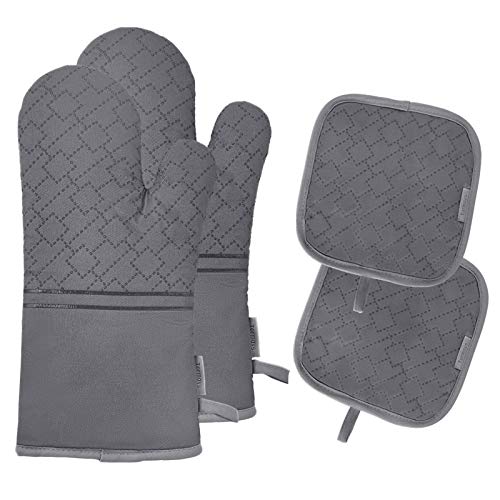 4Pcs Oven Mitts and Pot Holders Set, 572F Heat Resistant Oven Glove, Soft Cotton Lining with Non-Slip Surface for Kitchen Baking BBQ (Grey) - color: Gray