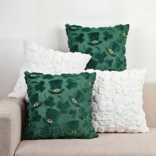 Tiamon 4 Pcs St. Patrick's Day Throw Pillow Covers 18 x 18 Inch 3D Embroidered Plush Green Shamrock Pillow Cases Lucky Clover Fluffy Faux Fur Cushion Covers for Spring Holiday Home Bed Sofa Couch - style: St. Patrick's Day