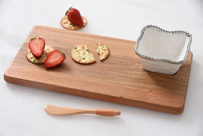 Pampa Bay Acacia Charcuterie Board with Porcelain White & Silver Dipping Bowl and Wood Spreader - color: White & Silver