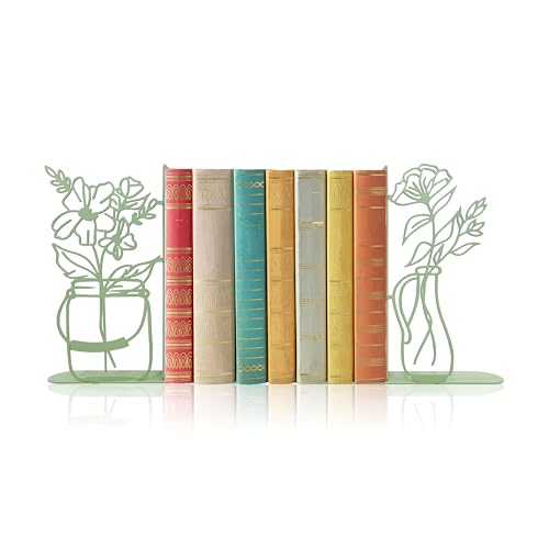 Flower Vase Bookends, Metal Decorative Book Ends for Shelves Cute Book Ends | Fun Bookend Office Home Decor, Ideal Gift for Book Lovers (Green) - color: Green