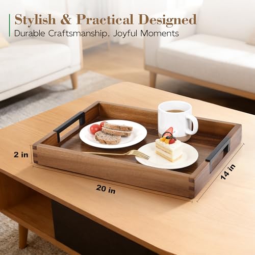 Large Ottoman Tray for Living Room and Coffee Table, Decorative Acacia Wood Serving Tray with Metal Handles for Breakfast in Bed, Dinner Food Kitchen TV (Natural, 20" x 14" x 2") - size: 20" x 14" x 2"