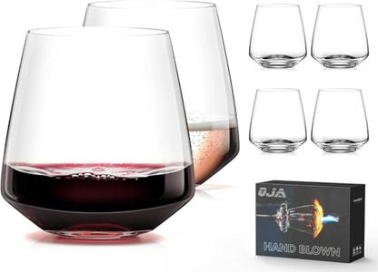OJA Wine Glasses Set, Crystal Stemless Red Wine Glass, Set of 6, 13.5 oz | Dishwasher Safe, Red White Wine glass, Hand Blown, Unique Gifts for Him Her for Birthday, Wedding, Christmas, Anniversary - style: Set of 6-13.5 oz