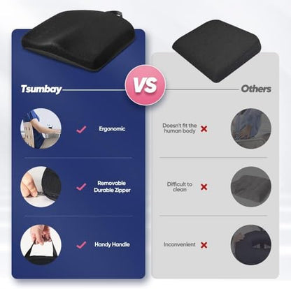 Tsumbay Memory Foam Seat Cushion - XL Size (16.9”x15”), Firm Support Coccyx Cushion for Office Chair, Tailbone Pain Relief with Removable Washable Cover & Handle for Car, Wheelchair - size: 16.9”X15.0”X2.2”
